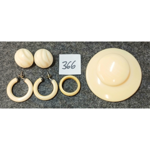 LOT OF 4 - FAUX IVORY BROOCH, RING & EARRINGS