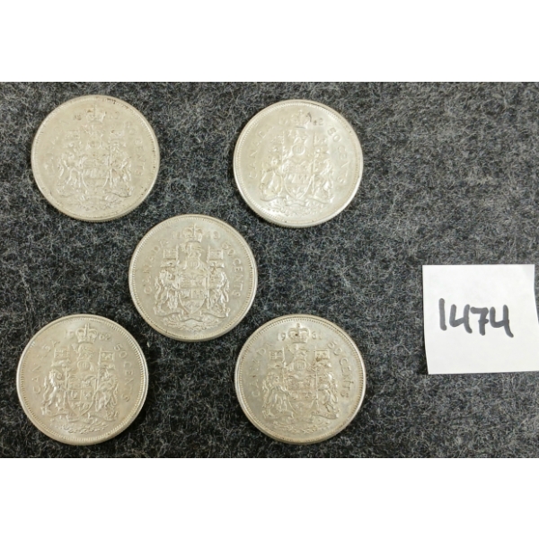 LOT OF 5 - 1961-1963 CDN 50 CENT SILVER COINS 