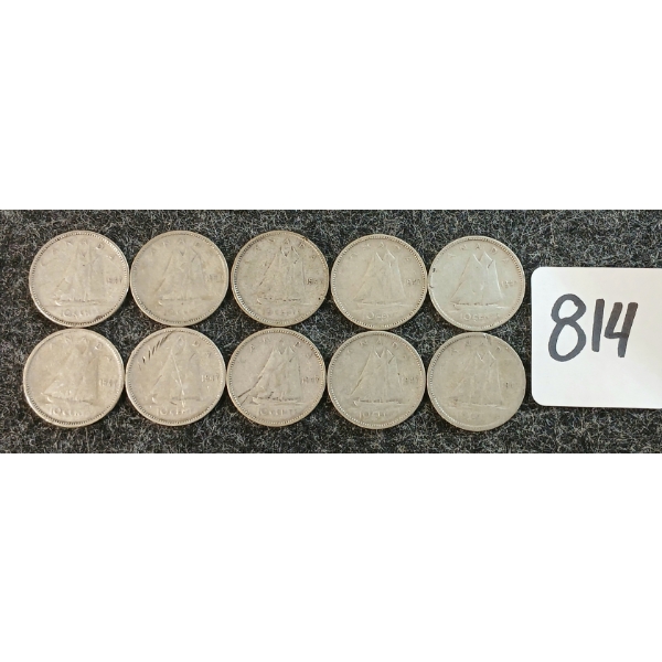 LOT OF 10 - 1947 CDN 10 CENT COINS
