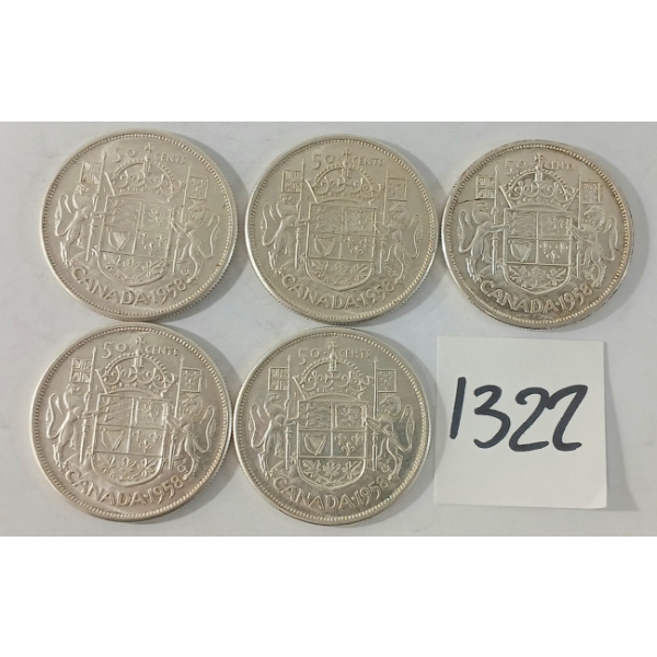 LOT OF 5 - 1958 CDN 50 CENT SILVER COINS