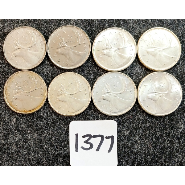 LOT OF 8 - 1951-1968 CDN 25 CENT COINS