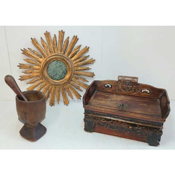LOT OF 3 - CHINESE CARVED OPIUM PIPE BOX, PRIMITIVE MORTAR & PESTLE & SUNBURST FRAMED MIRROR