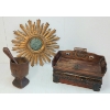 Image 1 : LOT OF 3 - CHINESE CARVED OPIUM PIPE BOX, PRIMITIVE MORTAR & PESTLE & SUNBURST FRAMED MIRROR