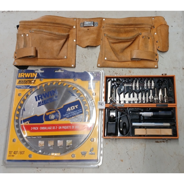 LOT OF 3 - IRWIN SAW BLADE, TOOL BELT & BLADE KIT