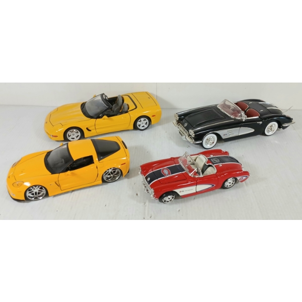LOT OF 4 - BURAGO DIECAST 1997 CHEVY CORVETTE, MOTOMAX 1958 CORVETTE MODELS, ETC 
