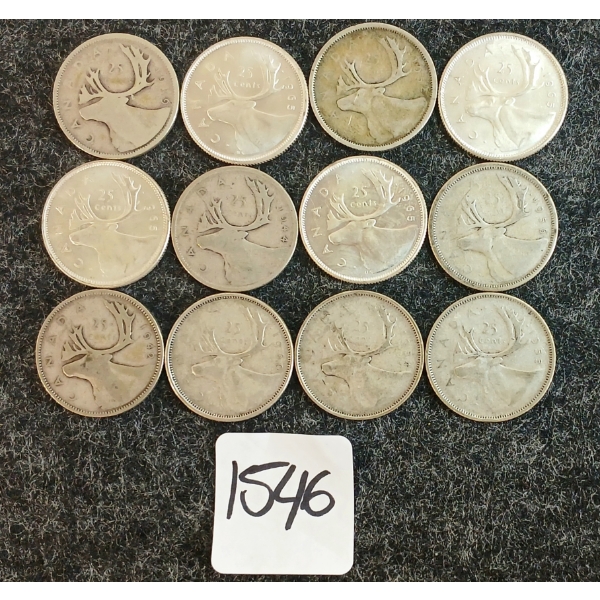 LOT OF 12 - 1939-1965 CDN 25 CENT COINS 