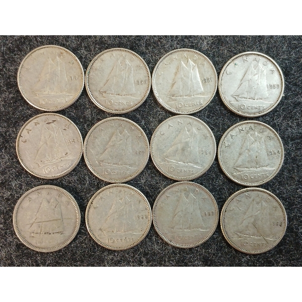LOT OF 12 - 1951-1966 CDN 10 CENT COINS