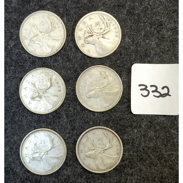LOT OF 6 - 1944-1968 CDN 25 CENT COINS 