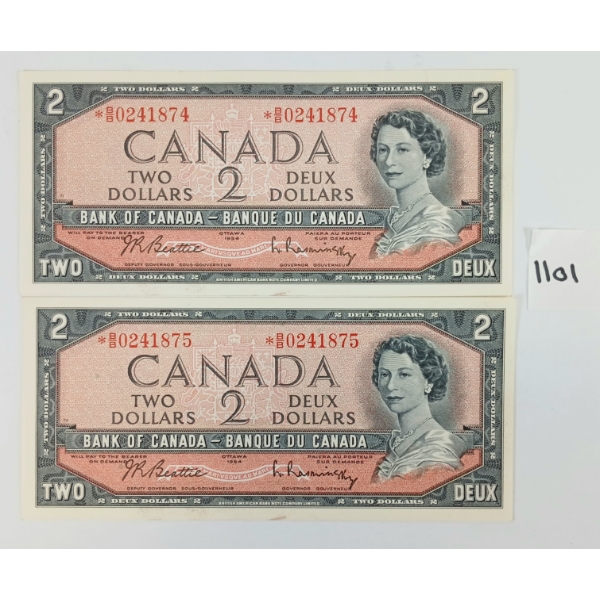 LOT OF 2 - 1954 CDN $2 BANKNOTES - SEQUENTIAL