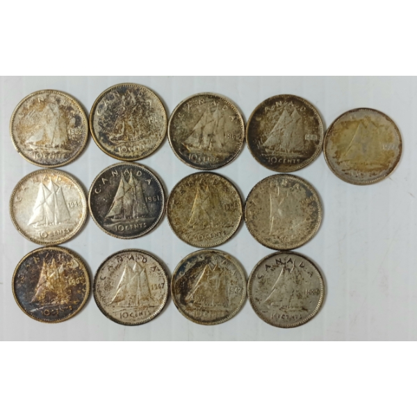 LOT OF 13 - 1939-1961 CDN 10 CENT COINS 