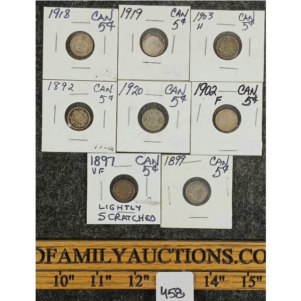 LOT OF 8 - 1892-1920 CDN 5 CENT COINS