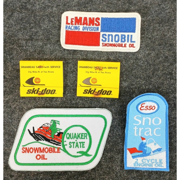  LOT OF 6 - ESSO, LEMANS & QUAKER STATE IRON-ON CLOTH PATCHES & SKI-DOO MATCHBOOKS 
