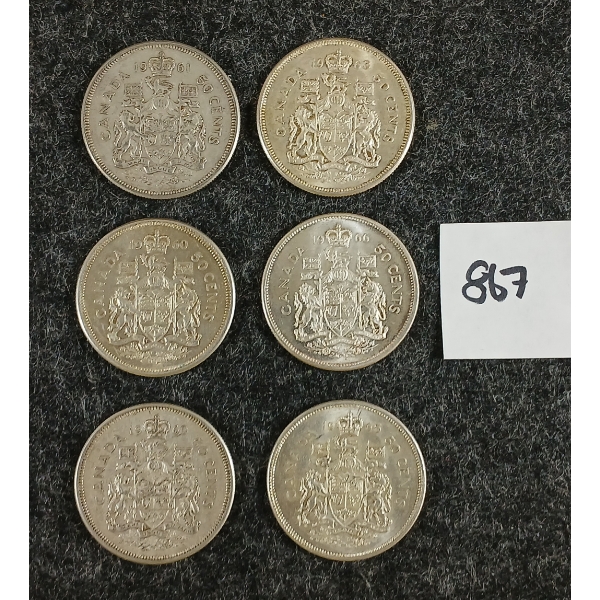 LOT OF 6 - 1960-1966 CDN 50 CENT SILVER COINS