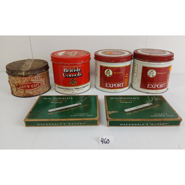 LOT OF 6 - MACONALD'S CIGARETTE TOBACCO TINS - INCL BRITISH CONSOLS, MILD, NAVY CUT, ETC
