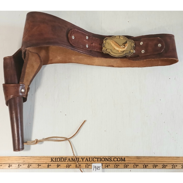 LEATHER HOLSTER BELT W/ BRASS FISH BELT BUCKLE