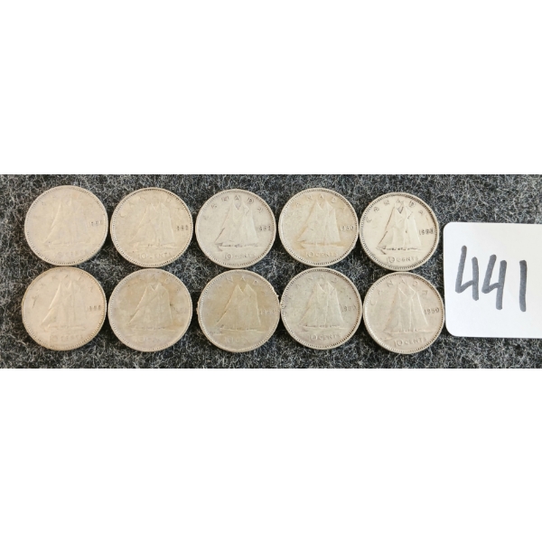 LOT OF 10 - 1950 CDN 10 CENT COINS