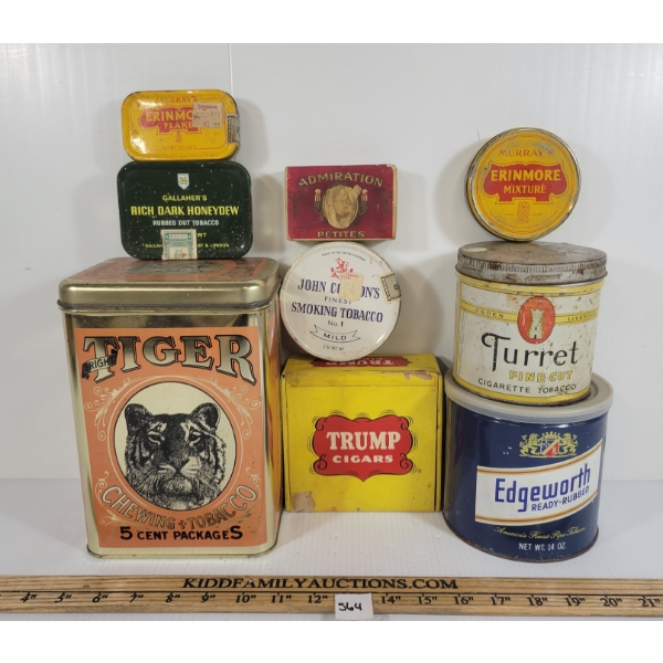 LOT OF 9 - MISC TOBACCO, CIGARETTE & CIGAR TINS - INCL TRUMP & TIGER, ETC.