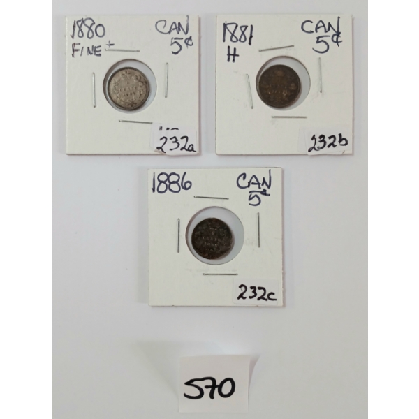 LOT OF 3 - 1880, 1881 & 1886 CDN 5 CENT SILVER COINS