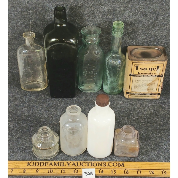 LOT OF 9 - EMBOSSED APOTHECARY BOTTLES, INKWELL & TIN - INCL BAKING POWDER, LEA PERRINS, ETC 