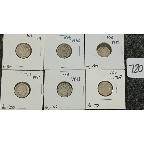 LOT OF 6 - 1919-1964 U.S. MERCURY & ROOSEVELT SILVER 10 CENT COINS
