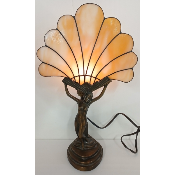 ART DECO LAMP W/ SHELL-SHAPED STAINED GLASS SHADES