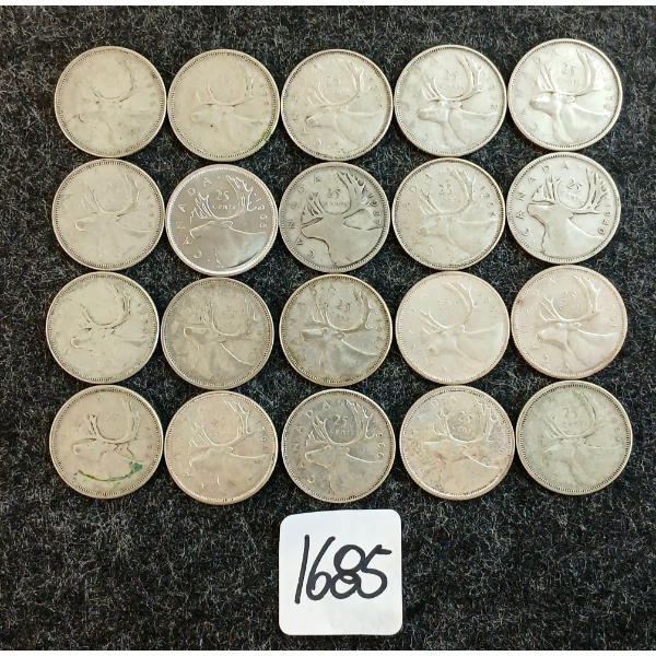 LOT OF 20 - 1937-1966 CDN 25 CENT COINS