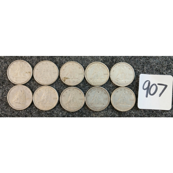 LOT OF 10 - 1951-1965 CDN 10 CENT COINS
