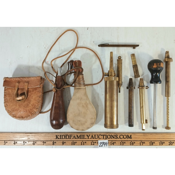 JOB LOT - BRASS POWDER MEASURERS & LEATHER CARRIERS W/ SHOT