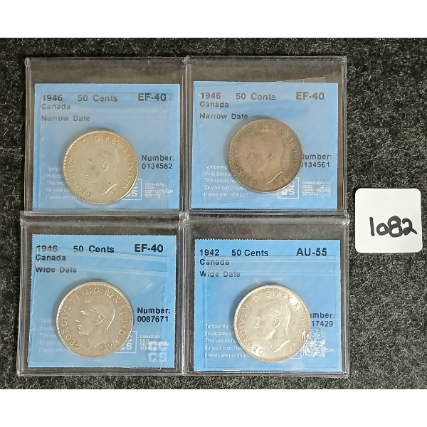 LOT OF 4 - 1942 & 1946 CDN SILVER 50 CENT COINS - CCCS GRADED