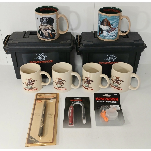 JOB LOT - WINCHESTER MUGS, AMMO CRATES, BORE LIGHT, EAR PLUGS, ETC