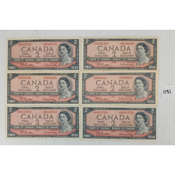 LOT OF 6 - 1954 CDN $2 BANKNOTES