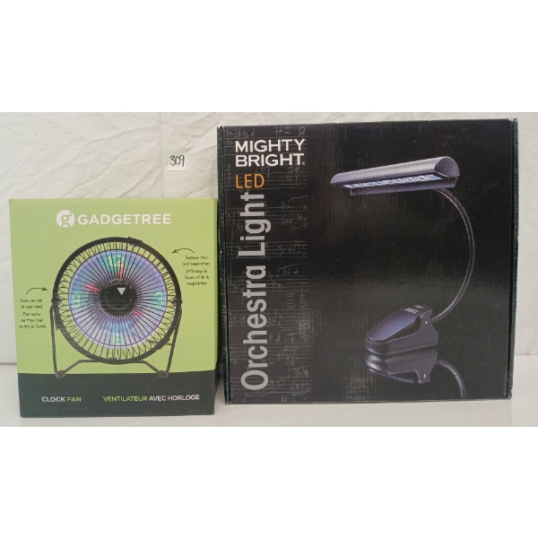 LOT OF 2 - MIGHTY BRIGHT LED ORCHESTRA LIGHT & GADGETREE CLOCK FAN