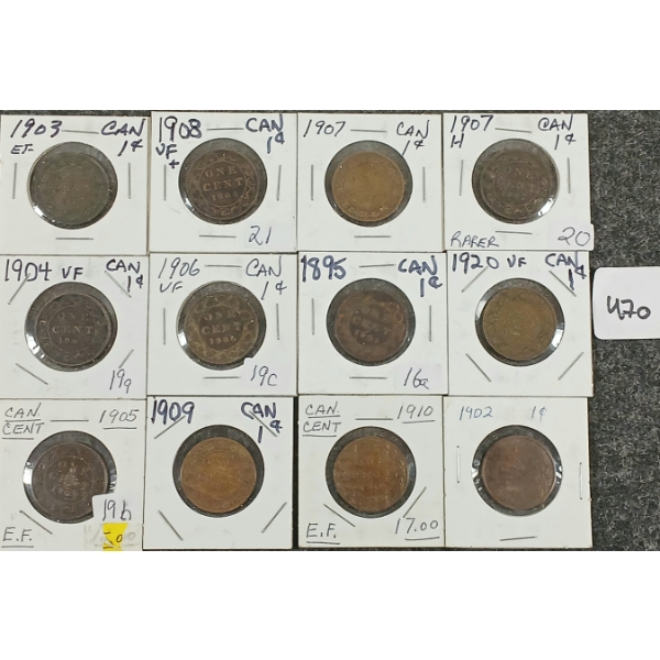 LOT OF 12 - 1895-1920 CDN 1 CENT COINS
