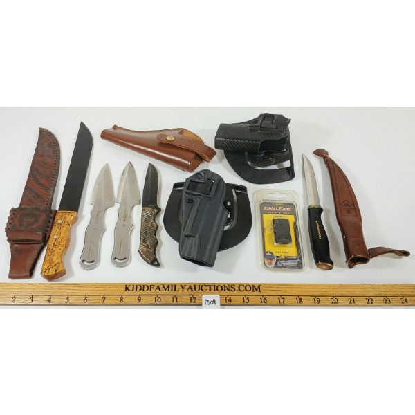 LOT OF 9 - BURRIS FASTFIRE MOUNTING PLATE, HOLSTERS, HUNTING & THROWING KNIVES