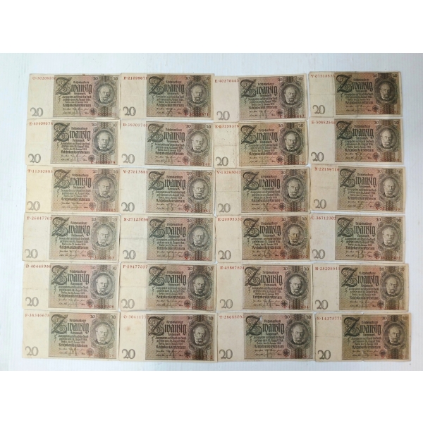 QTY OF 1929 GERMAN 20 REICHSMARK BANKNOTES
