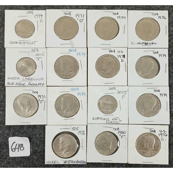 LOT OF 15 - 1971-1980 U.S. 50 CENT COINS & 2015 25 CENT COIN