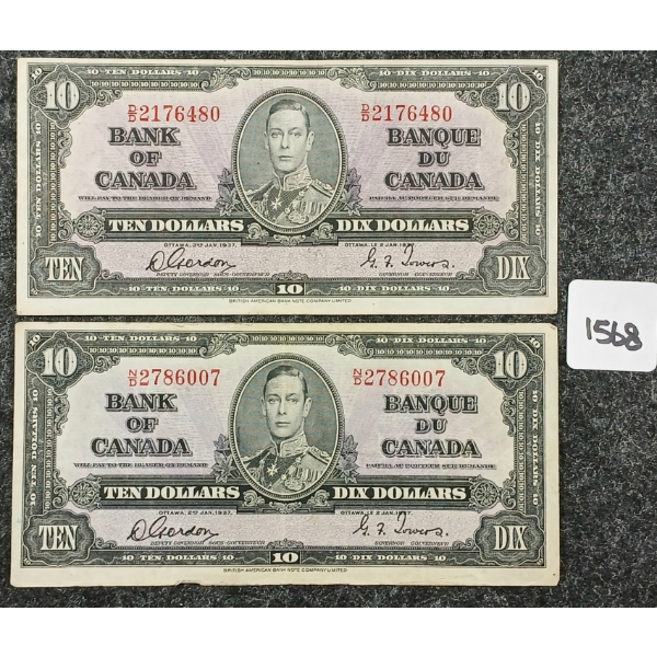 LOT OF 2 - 1937 CDN $10 BANKNOTES