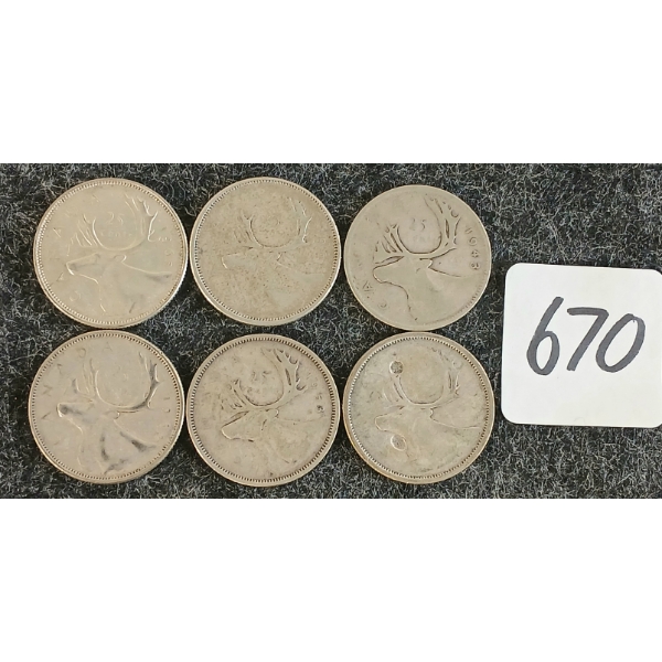 LOT OF 6 - 1943-1965 CDN 25 CENT COINS