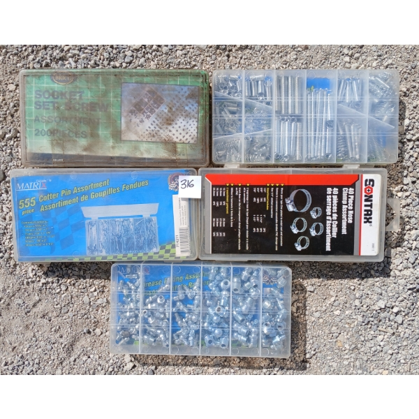 LOT OF 5 - HARDWARE SETS - INCL HOSE CLAMPS, SPRINGS, COTTER PINS, ETC