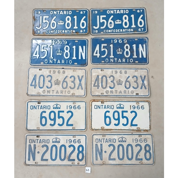 LOT OF 5 - PAIRS OF ONTARIO LICENCE PLATES - INCL '66 & '67