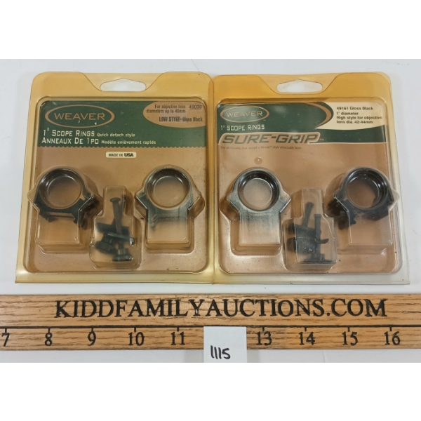 LOT OF 2 - WEAVER SURE-GRIP / QUICK-DETACH 1IN LOW & HIGH SCOPE RINGS - GLOSS BLACK