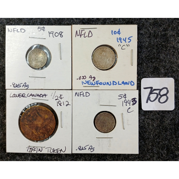 LOT OF 4 - 1908, 1943 & 1945 NEWFOUNDLAND 5 & 10 CENT COINS & 1812 UPPER CANADA TOKEN