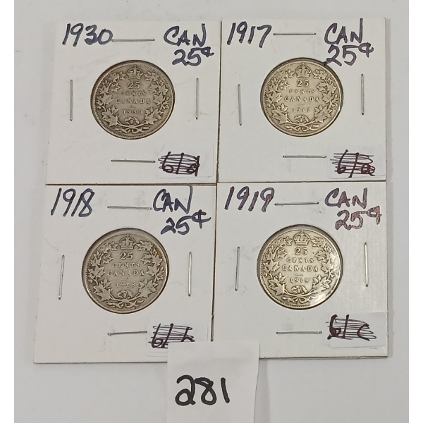 LOT OF 4 - CDN 25 CENT SILVER PCS - INCL 1917, 1918, 1919 & 1930