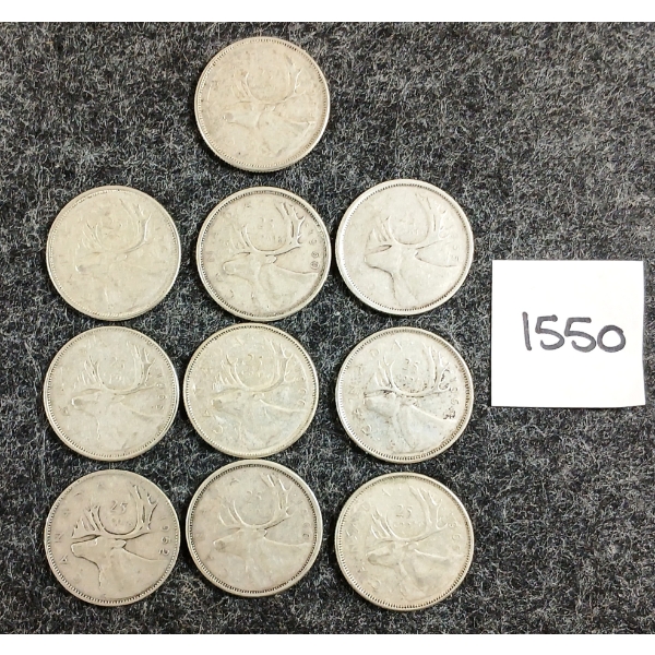 LOT OF 10 - 1952-1966 CDN 25 CENT SILVER COINS