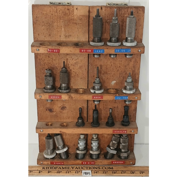 LOT OF 17 - RELOADING DIES W/ DISPLAY - INCL .243WIN, .222REM, .45COLT, ETC