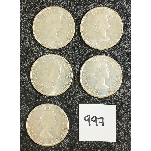 LOT OF 5 - 1963 CDN 50 CENT SILVER COINS