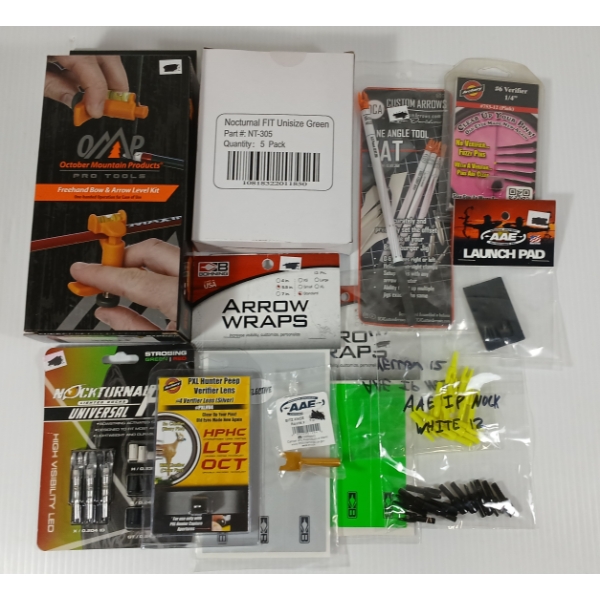 LOT OF 12 - ARCHERY - OMP BOW / ARROW LEVEL KIT, HUNTER PEEP VERIFIER LENS, LIGHTED NOCKS, ETC