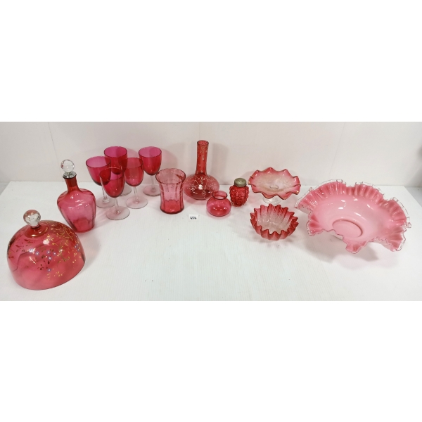 LOT OF 14 - CRANBERRY GLASS PCS - INCL CANDY DISHES & VASES, ETC.