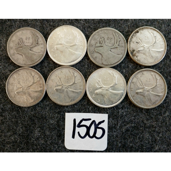 LOT OF 8 - 1937-1968 CDN 25 CENT COINS
