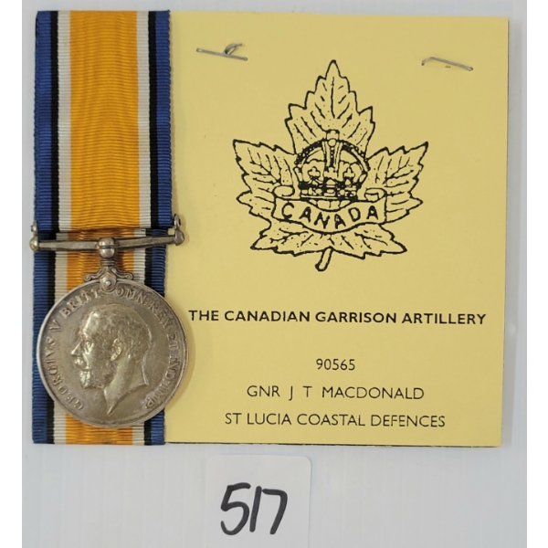 WWI CDN GARRISON ARTILLERY MEDAL - 90565 GNR. J.T. MACDONALD ST. LUCIA COASTAL DEFENCES